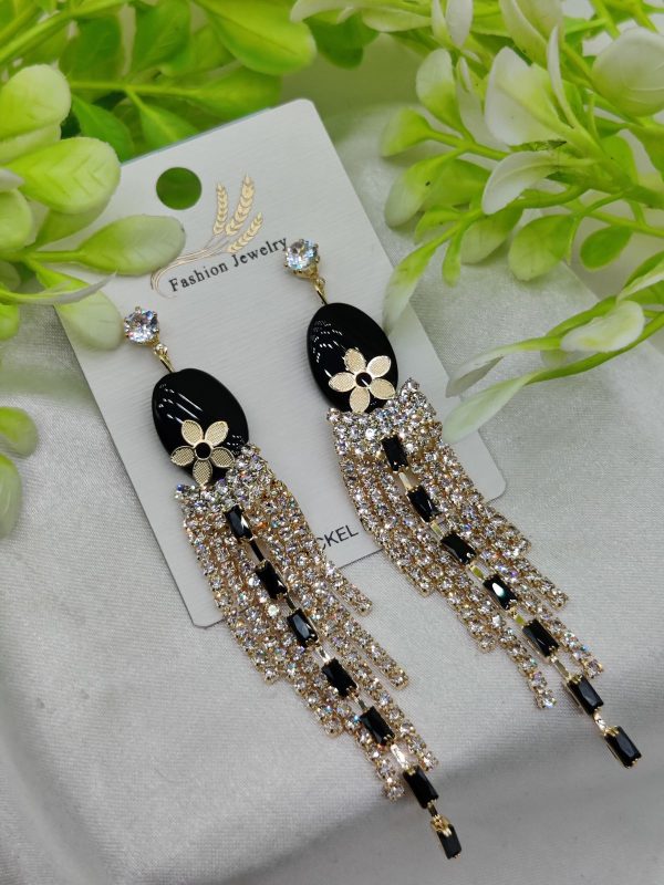 Imported Glamorous Long Tassel Earrings With Black And Crystal | Luxury Look Earrings | Girls Earrings | Women Earrings